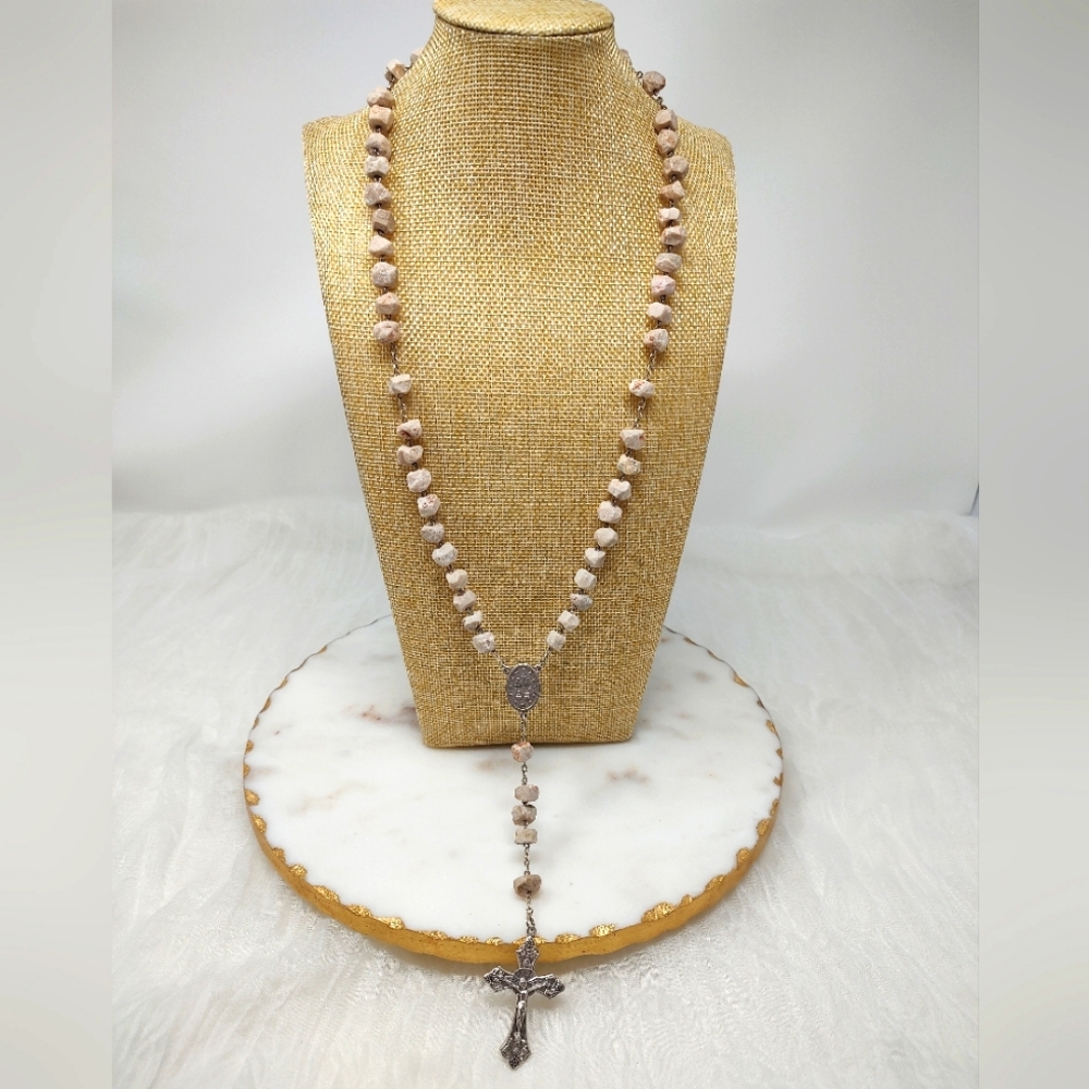 Semi-precious gray-cream rough bead rosary with silver cross pendant